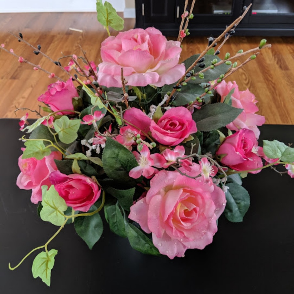 Faux Floral custom made bouquet in silver tin